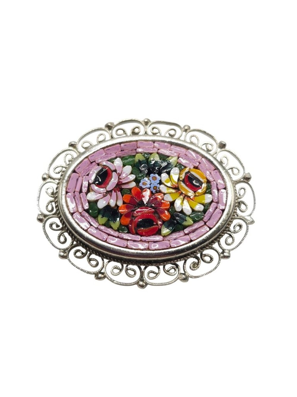 Vintage Italian Mosaic Floral Brooch Pin Ornate Silver Tone Frame 1.75"